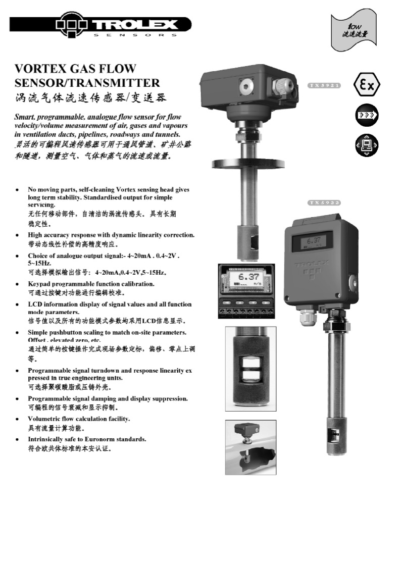 TROLEX涡流气体流速传感器/变送器TX5921